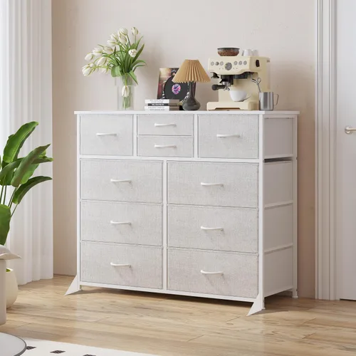 Vista 13 de LUMTOK - Cómoda de 10 cajones, cómodas de tela para dormitorio, pasillo, guardería, armarios, marco de acero, parte superior de madera, mango fácil
