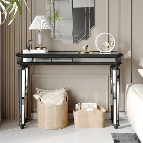 Vista 4 de Mesa Consola Negra con Espejo, Mesa de Sofá de Cristal Rectangular de 48 pulgadas con Elementos Tallados Vintage con Espejo, Muebles de Espejo