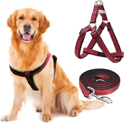 Vista 11 de Juego de arnés reflectante y correa para perro, arnés para perros grandes, sin tirones, fácil de poner y quitar, arnés ajustable para perros