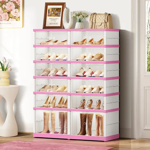 Vista 8 de CIMLORD Zapatero plegable ancho de 6 niveles con puertas para 24 pares, negro-rosa Zapatero grande plegable para 24 pares, se pliega compacto.