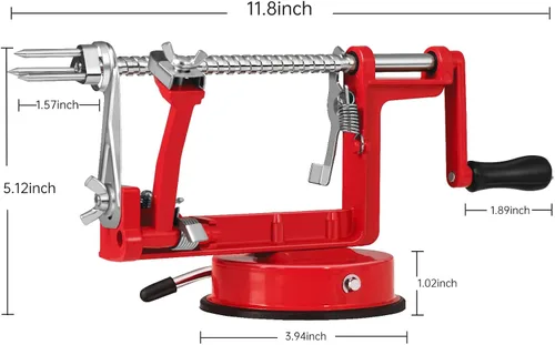 Vista 2 de Pelador Rebanador Descorazonador de Manzanas con Cuchillas de Acero Inoxidable y Potente Base de Succión para Manzanas, Peras, Papas (Rojo)