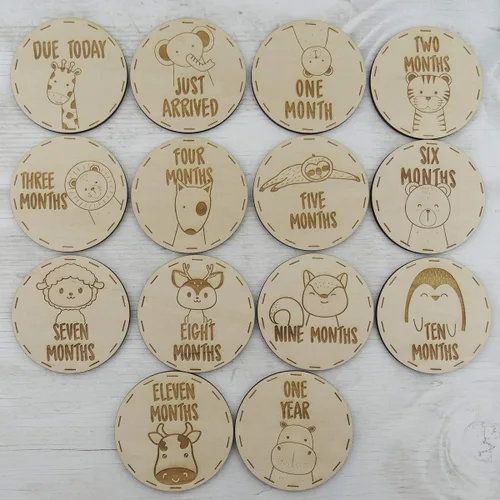 Vista 3 de Accesorios de recuerdo de fotografía de hitos mensuales de animales, madera grabada con láser, 14 piezas de círculos de 3.5 pulgadas