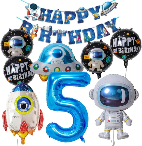 Vista 9 de Globos de planeta astronauta del sistema solar, globos de papel de aluminio, globos grandes de Mylar con helio, guirnalda de feliz cumpleaños para 10