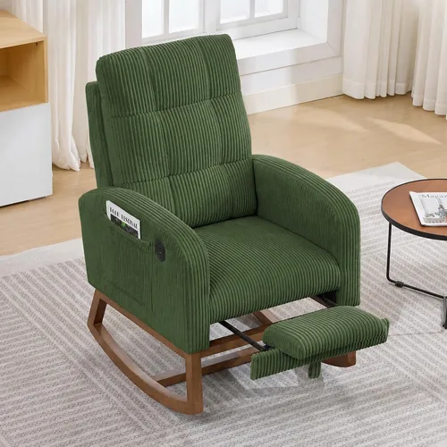 Vista 14 de Garvee Silla mecedora moderna para guardería, cómoda silla mecedora con bolsillo lateral y reposapiés, respaldo alto reclinable para sala
