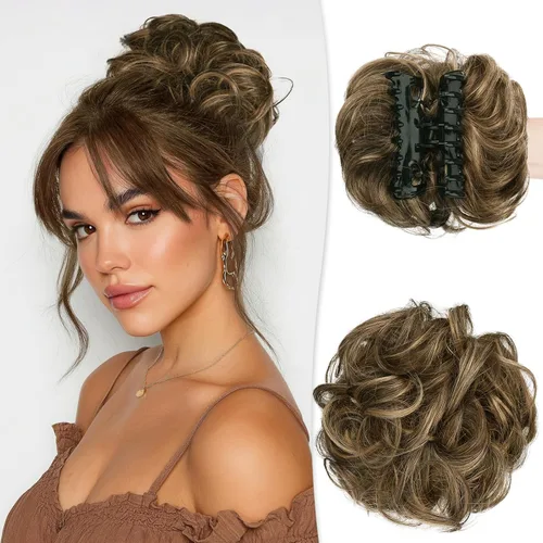 Vista 14 de RUWISS Extensiones de cabello humano real, ondulado y rizado, moño despeinado, cola de caballo para mujer (12H24# castaño rojo/rubio mediano)