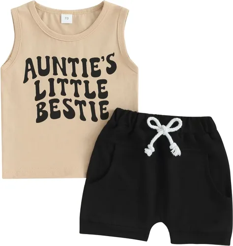 Vista 56 de Ropa de bebé niño sin mangas + pantalones cortos con estampado a rayas con bolsillos, 2 piezas de trajes de verano