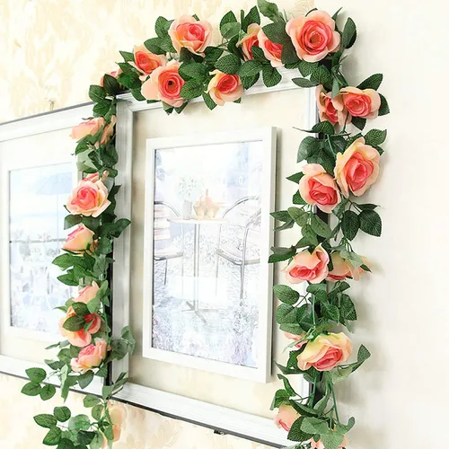 Vista 4 de Guirnalda de vid de rosas falsas de 16 pies, plantas artificiales para colgar, hiedra rosa, hogar, hotel, oficina, boda, fiesta, decoración