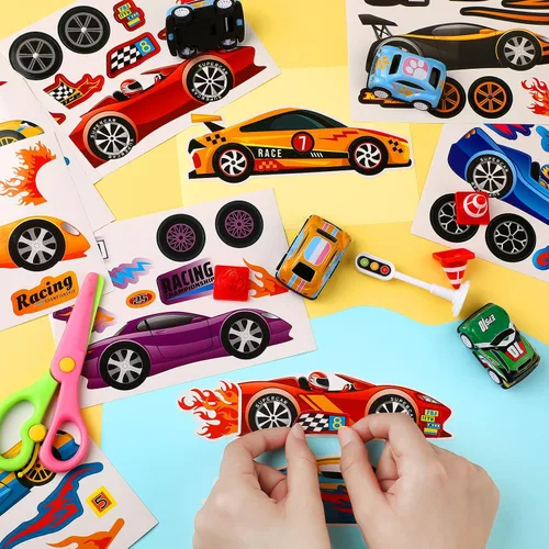 Vista 4 de Zonon 48 hojas de calcomanías de automóvil para niños, recuerdos de fiesta de carreras para niños, haz tus propias calcomanías de bricolaje de auto