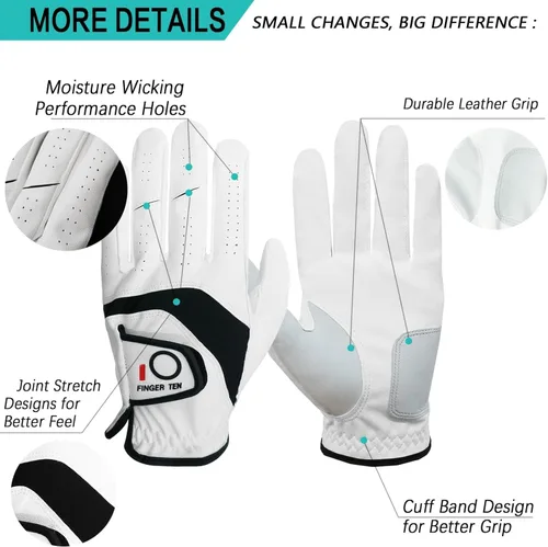 Vista 3 de FINGER TEN Golf Gloves Men Left Right Hand 5 Pack Blanco (guantes para hombre)