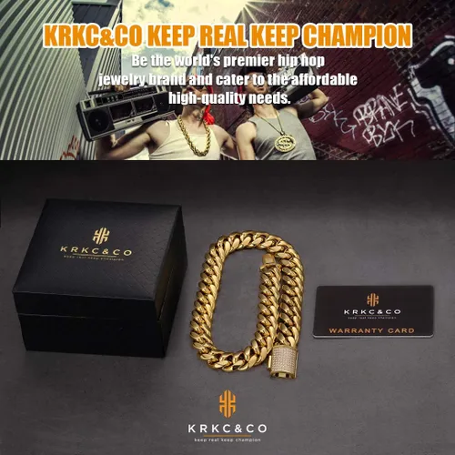 Vista 6 de KRKCCO 18mm12mm Iced Cuban Link Chain 18k Gold Necklace for Men Durable and Anti-Tarnish Urban Street-wear Never Fading Everlasting Shine Hip Hop