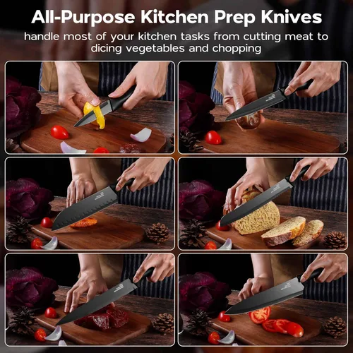 Vista 8 de Onader Juego de cuchillos de cocina negros, cuchillos pequeños afilados de acero inoxidable con tapas para cocina, 12 piezas