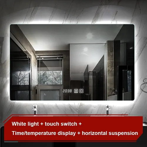 Vista 2 de Espejo de maquillaje rectangular sin marco, espejo de baño LED de tacto inteligente, luz blanca, espejo de pared horizontal/vertical, pantalla
