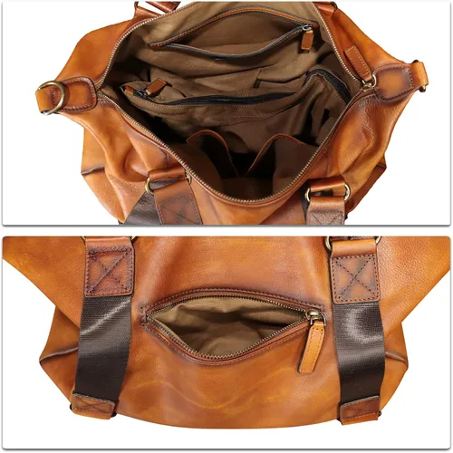 Vista 7 de Monederos grandes de cuero genuino y bolsos para hombres y mujeres, bolso de hombro con asa superior para correa de viaje para computadora portátil