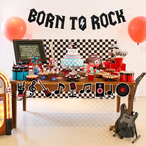 Vista 5 de Banner con purpurina Born to Rock con guirnalda de notas musicales, decoraciones de fiesta de los años 50, suministros de fiesta de cumpleaños