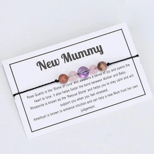 Vista 3 de Pulsera de cuentas de cristal de amatista de chakra curativo con tarjeta de deseos de cuidado, ajustable, espiritual, ansiedad, amor, amistad