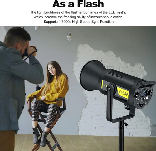 Vista 4 de Godox FV150 - Luz LED flash de 150 W 2.4G, sincronización de alta velocidad 1/8000s, CRI96+, TCLI 96+, 12000LUX, 5600 K ± 200 K, 8 modos de efectos