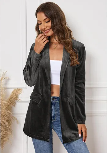 Vista 7 de GRAPENT Chaquetas de terciopelo para mujer, de negocios, casual, de gran tamaño, chaqueta de traje largo elegante, chaqueta de trabajo y oficina
