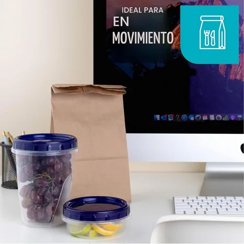 Vista 6 de PLASTICPRO [Paquete de 3 de 32 oz] Contenedores de Delicatessen con Tapa Giratoria Fondo Transparente con Tapas Giratorias Azules Reutilizables