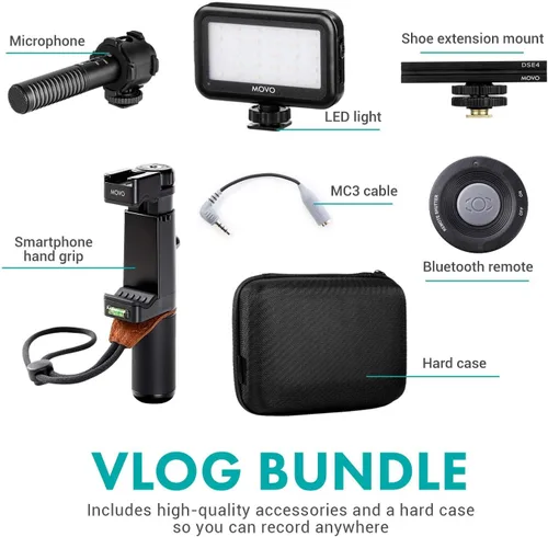 Vista 3 de Movo Vlog Kit V7 - Kit de inicio de YouTube con agarre, micrófono estéreo, luz e inalámbrico Kit de vlogging remoto para iPhone, Android - Kit