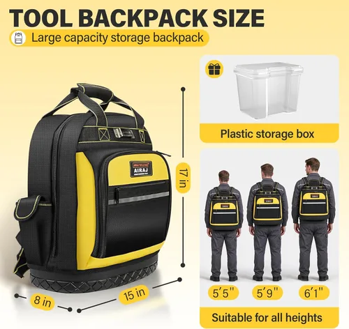 Vista 3 de AIRAJ Mochila de herramientas resistente, mochila de herramientas de 17 pulgadas con base dura moldeada impermeable, bolsa de herramientas duradera