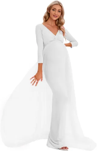 Vista 4 de ZIUMUDY Vestido de maternidad de tul con hombros descubiertos para sesión de fotos, vestido ajustado de manga larga para baby shower