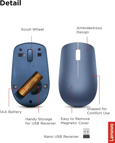 Vista 6 de Ratón inalámbrico Lenovo 530 con batería, Nano USB de 2.4GHz, sensor óptico de 1200 DPI, ergonómico para mano izquierda o derecha, ligero Azul