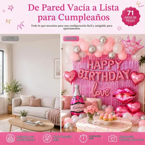 Vista 7 de Vidal Crafts - Decoraciones de cumpleaños rosadas, 71 piezas de decoraciones de feliz cumpleaños con globos de látex, papel de aluminio y confeti