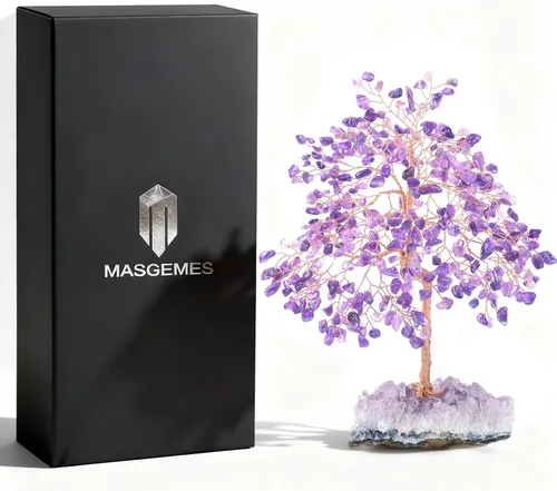 Vista 2 de Piedra preciosa natural (406 piedras), árbol de la vida de cristal de amatista, equilibrio de chakras, energía positiva Fengshui, decoración bonsái