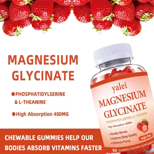 Vista 5 de Gomitas de glicinato de magnesio de 400 mg con L-teanina, fosfatidilserina, sueño, estrés y alivio muscular, para adultos y niños, sin OMG, veganas