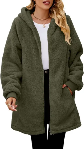 Vista 2 de ReachMe - Chaqueta tipo sudadera con capucha para mujer, de vellón, con cierre y bolsillos, larga, de gran tamaño, mullida y cálida