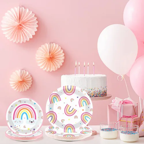 Vista 5 de 96 platos de fiesta de arco iris, servilletas para fiestas temáticas de arco iris, platos de papel desechables, servilletas de papel desechables