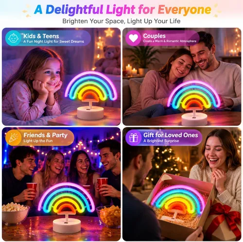 Vista 7 de Letrero de neón arcoíris con base, letreros de luz de neón arcoíris, lámpara LED para habitación de bebé, luces de noche de mesa alimentadas por USB