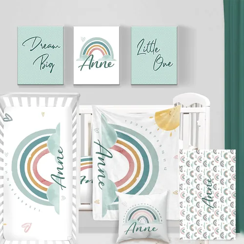 Vista 26 de Juego de ropa de cama personalizado para cuna de bebé, juego de 5 piezas para cuna de bebé, diseño de arco iris y diseño de arco iris, manta de bebé