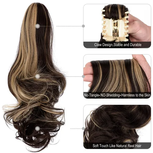 Vista 3 de Extensión de cola de caballo con clip de garra, de 18 pulgadas, extensiones de cabello ondulado largo para mujer, extensiones de cola de caballo