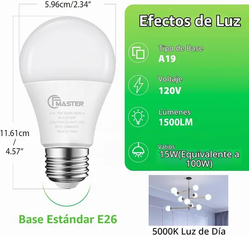 Vista 2 de Bombilla LED A19, bombillas LED equivalentes a 100 W, bombillas de luz diurna de 5000 K, 1500 lúmenes, bombilla de base estándar E26, bombillas