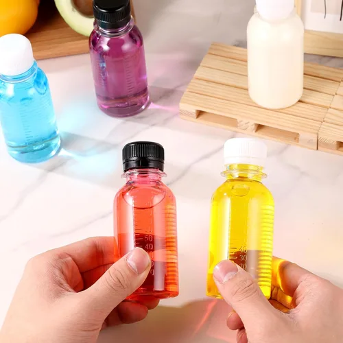 Vista 6 de 75 piezas de botellas pequeñas de plástico de 3.5 onzas para líquidos, botellas de chupito de jugo con tapas, botellas reutilizables para chupito