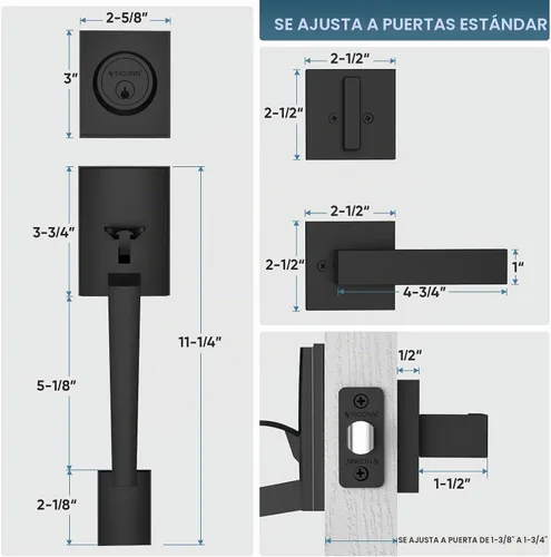 Vista 3 de TICONN Juego de manijas para puerta delantera doble, palanca de puerta cuadrada de servicio pesado y combo de cerrojo de cilindro único para puertas