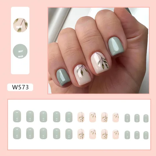 Vista 5 de LPOODDNU 24 uñas postizas cuadradas cortas, diseño de hoja verde lago, uñas acrílicas brillantes de cobertura completa, material ABS, para mujer