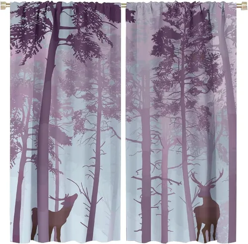 Vista 22 de Cortinas opacas con diseño de ciervos, bosque brumoso, rústico, vida silvestre, alce, montaña, pájaros, pino, bosque, cortinas de ventana