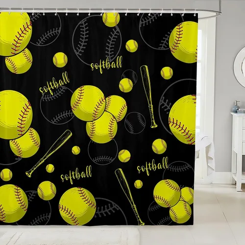 Vista 22 de Decorative White Baseball Shower Curtain Waterproof Polyester Fabric,Red Baseball Bat Bath Curtain Home Bathroom Decor Hanging Curtain with Hooks 72