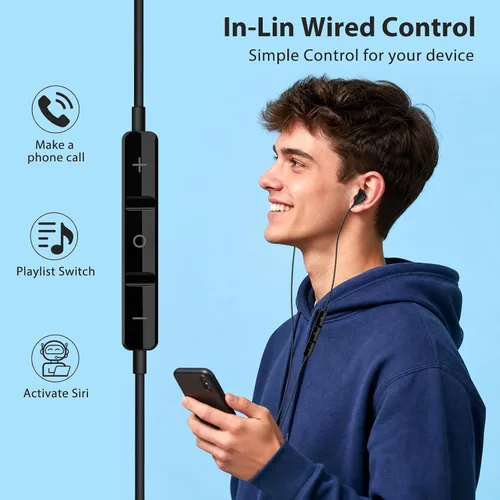 Vista 5 de Jiunai 3.5mm Wired Earbuds with Mic, Half in-Ear Corded Headphones Black