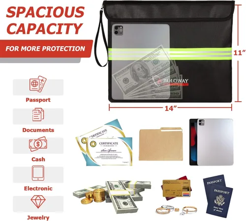Vista 5 de ROLOWAY Bolsa de documentos ignífuga (14 x 11 pulgadas) con capa de papel de aluminio mejorada de 5200 ℉, bolsa ignífuga para documentos con tira