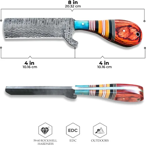 Vista 3 de Cuchillo de caza de Damasco hecho a mano, cuchillo de hoja fija de 8 pulgadas con funda, cuchillo de vaquero de espiga completa, cuchillo de Multi
