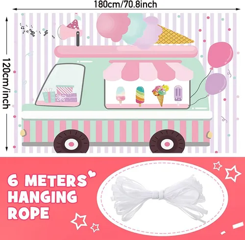 Vista 3 de Cartel de fondo con temática de camión de helados, pancarta de fondo de fotografía de cumpleaños para bebés y niñas, decoración de fondo para tartas