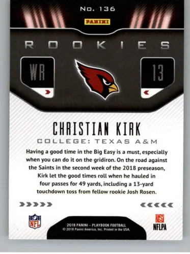 Vista 2 de 2018 Playbook Football #136 Christian Kirk RC Rookie Card Arizona Cardinals Rookie Official NFL Card Produced by Panini