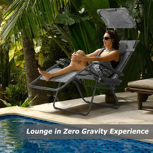 Vista 4 de HAPPYGRILL Zero Gravity - Sillón reclinable plegable para patio al aire libre, playa, patio, piscina, gris
