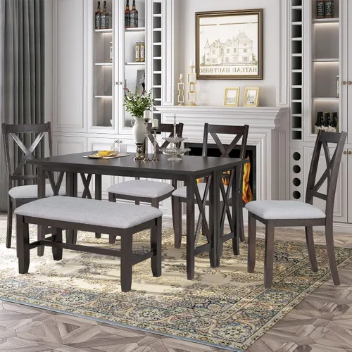 Vista 15 de Juego de mesa de comedor de madera de 6 piezas, juego de mesa de cocina con rectangular, juego de mesa de comedor con banco tapizado y 4 sillas