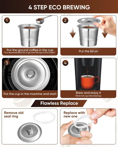 Vista 6 de Paquete de 2 tazas K reutilizables para Keurig 1.0 – Cápsulas de café reutilizables de acero inoxidable K Cup con cuchara de metal, cepillo y 4