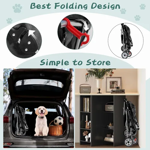Vista 5 de Cochecito para perros con cesta de almacenamiento, cochecito para mascotas de 3 ruedas, transpirable, compacto, portátil, plegable, para viajes