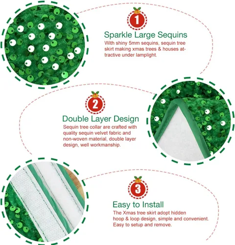 Vista 3 de Collar de Árbol de Navidad Faldas de Árbol Verdes para Árboles Artificiales de 23.6 Pulgadas Falda de Árbol Bordada con Lentejuelas Cubierta